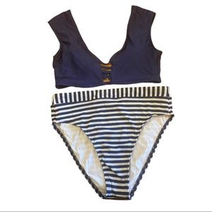 Splendid Bikini Swimsuit Sold Cap Sleeve Top Ribbed High Waist Buttons Medium